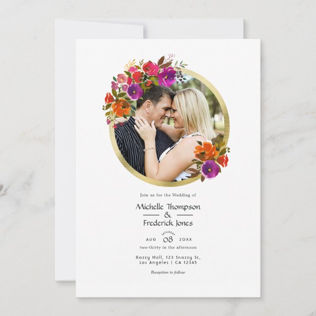 Invitation Photo Mariage floral violet et orange (Devant)