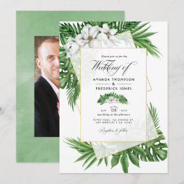 Invitation Photo Mariage géométrique de Magnolia tropicale