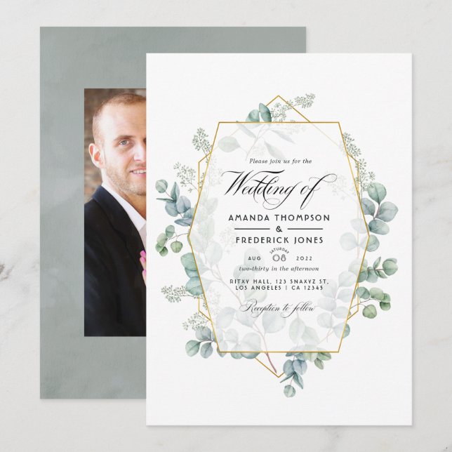 Invitation Photo Mariage géométrique Silver Sage Eucalyptus (Devant / Derrière)