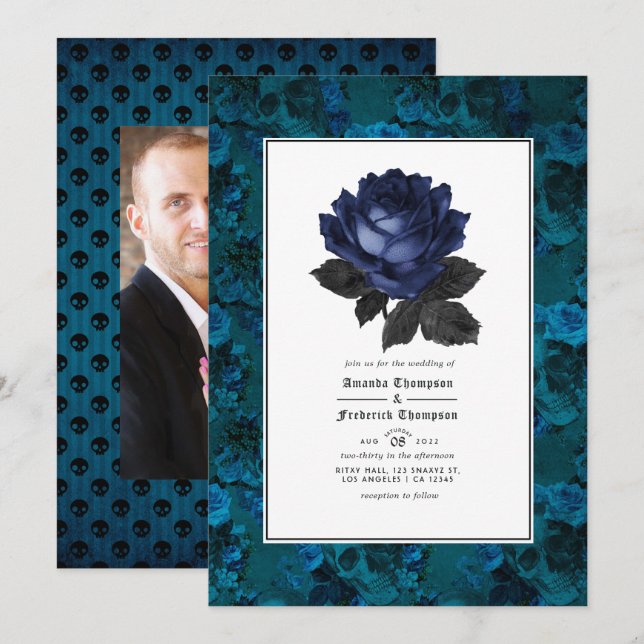 Invitation Photo Mariage gothique noir et bleu (Devant / Derrière)