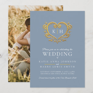 Invitation Photo mariage gris bleu coeur or monogramme