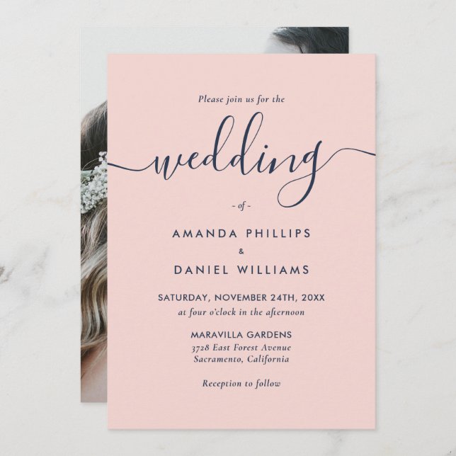 Invitation Photo Marine Blue et Blush Modern Script Mariage (Devant / Derrière)