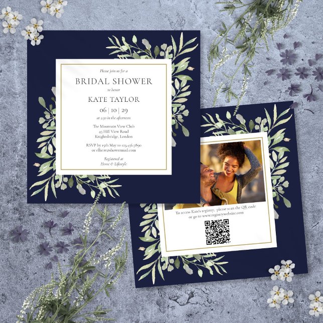 Invitation Photo Marine Blue Green Code QR Fête des mariées (Navy Blue Greenery Photo QR Code Bridal Shower Invitation)