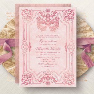 Invitation Photo Mascarade Quinceanera Or Rose