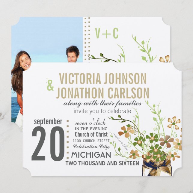 Invitation Photo Mason Jar Bronze et Mariage floral vert (Devant / Derrière)