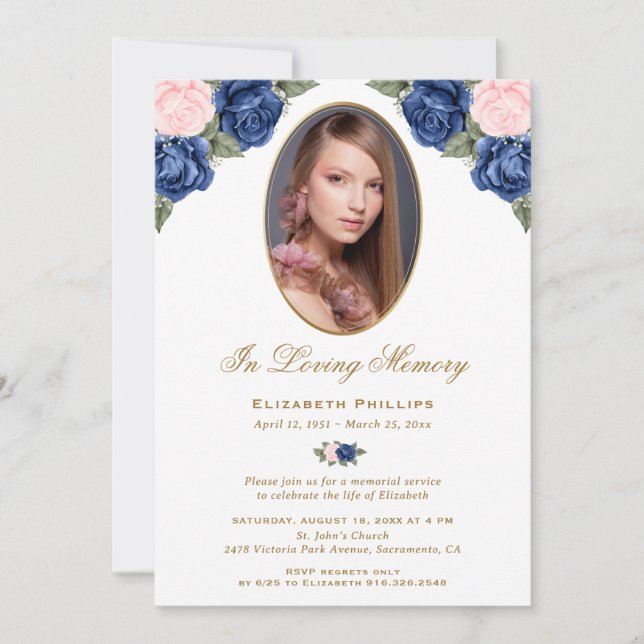 Invitation Photo Memorial Service Floral rose bleu (Devant)