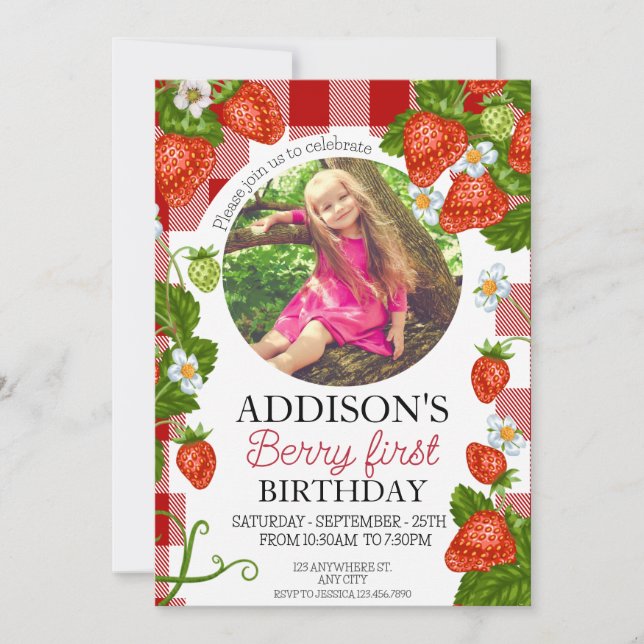 Invitation Photo mignonne Rouge Bleu Berry Sweet 1er annivers (Devant)