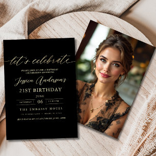 Invitation Photo minimaliste Black Gold 21e anniversaire