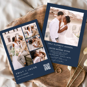 Invitation Photo minimaliste bleu marine Code QR Mariage blan