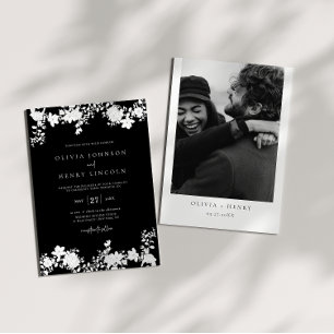 Invitation Photo minimaliste de Mariage floral noir et blanc