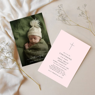 Invitation Photo minimaliste moderne rose bébé fille Christen