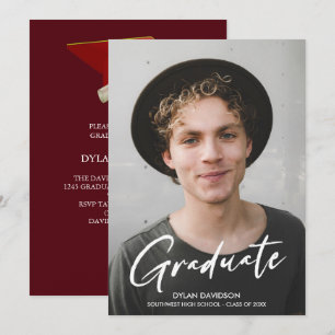Invitation Photo Modern Script Red Casquette Party Graduation
