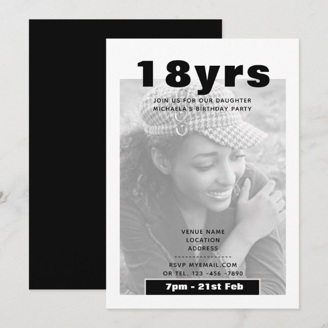 Invitation PHOTO moderne 18e anniversaire NOIR (Devant / Derrière)