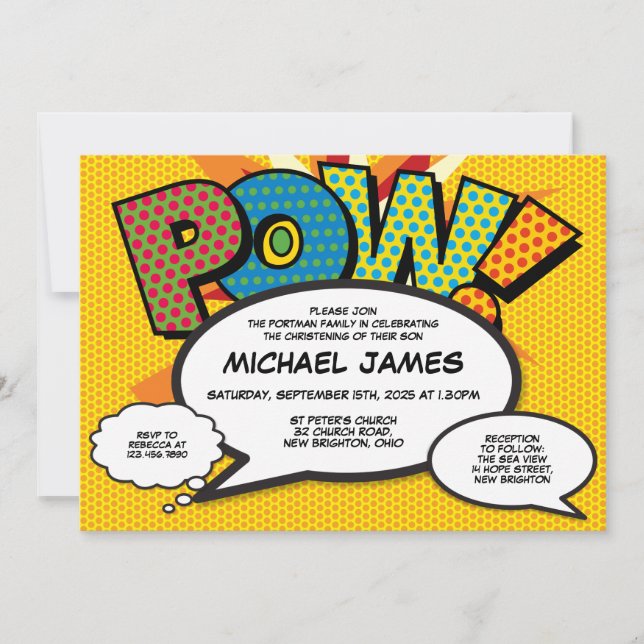 Invitation Photo moderne Baptême Christening Fun Comic Book (Devant)