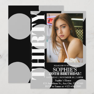 Invitation Photo moderne Black 30th Birthday Party