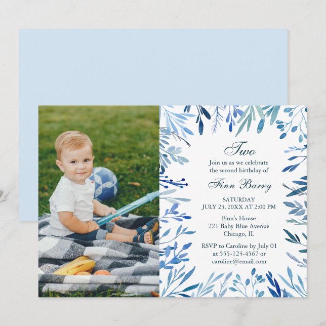 Invitation Photo moderne Blue Floral Boy 2e anniversaire (Devant / Derrière)
