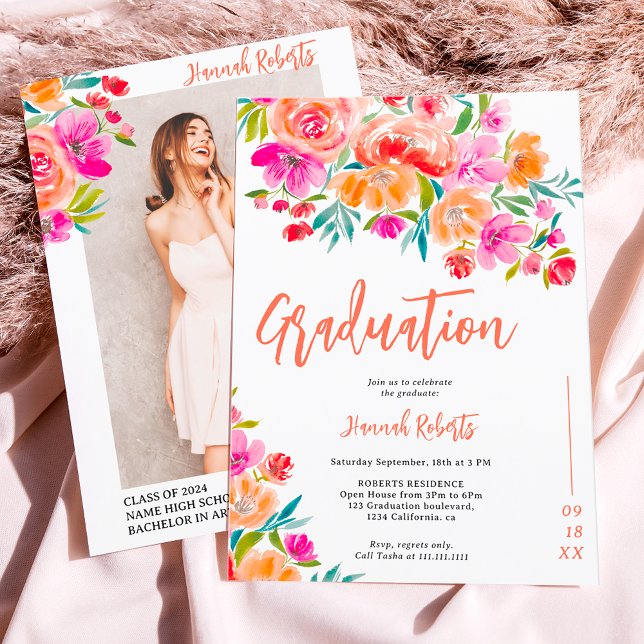 Invitation Photo moderne Boho orangé graduation florale (Modern photo Boho orange floral graduation Invitation)