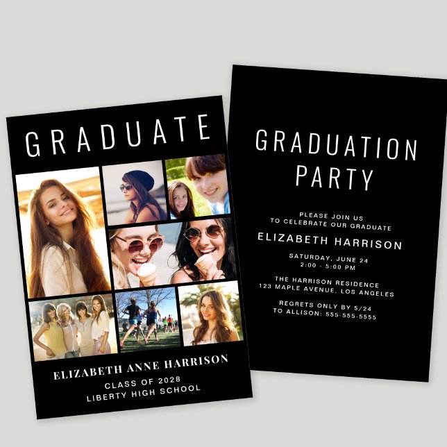 Invitation Photo moderne Collage Black Graduation Party (A modern photo collage graduation party invitation to celebrate the graduate's achievements)