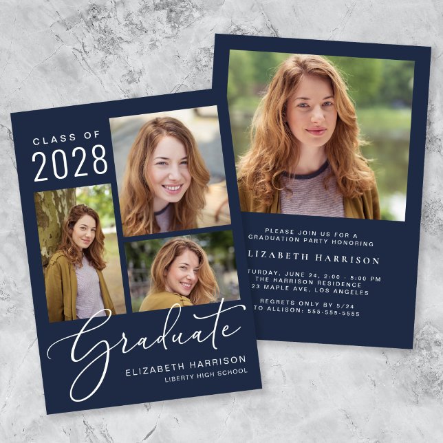 Invitation Photo moderne Collage Blue Graduation Party (An elegant photo collage graduation party invitation to celebrate the graduate's achievements)