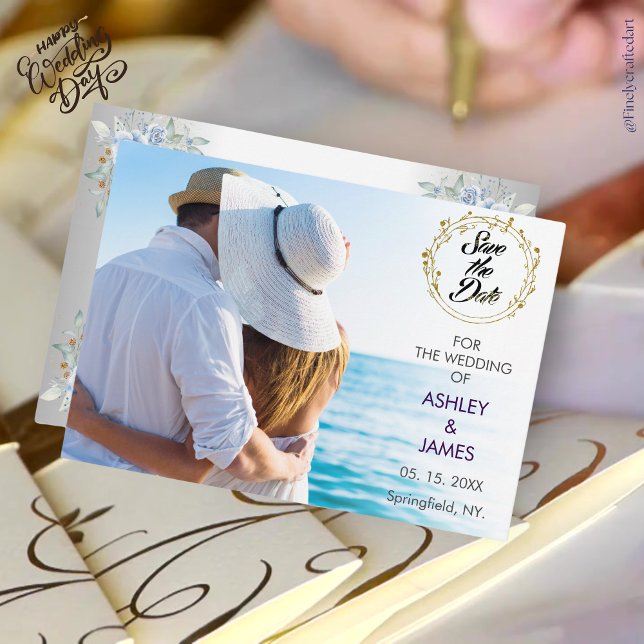 Invitation Photo moderne élégante Enregistrer la date Or Flor (Créateur téléchargé)