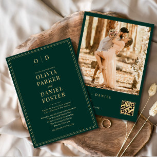 Invitation Photo moderne Emerald Green Gold Photo QR Code Mar