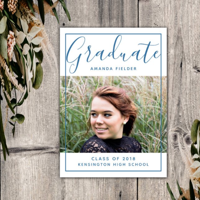 Invitation Photo moderne encadrée d'obtention du diplôme | Bl (Blue Modern Framed Graduation Photo Announcement)