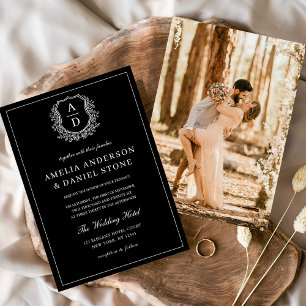 Invitation Photo moderne Floral Crest Monogramme Mariage Form