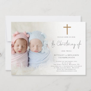 Invitation Photo moderne Gold Cross Twins Christening Invitat