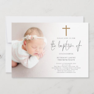 Invitation Photo moderne Gold Parties scintillant Croix Baptê