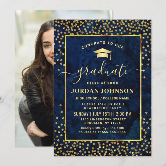 Invitation PHOTO moderne Golden Blue Marble Party de graduati (Devant / Derrière)