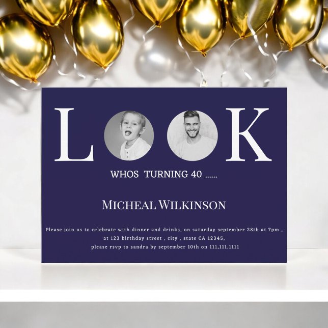 Invitation photo moderne look qui 40 marine bleu anniversaire (40th birthday,40th birthday party,adult,photo,funny,elegant 40th birthday,simple 40th )