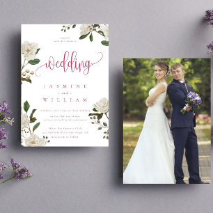 Invitation Photo moderne Magnolia   Mariage rouge magenta