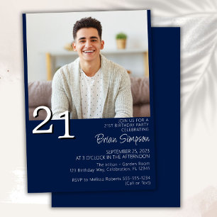 Invitation Photo Moderne Minimaliste Anniversaire 21 Ans Bleu