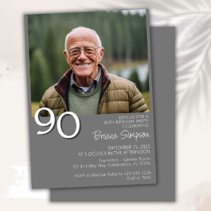 Invitation Photo Moderne minimaliste gris 90e anniversaire