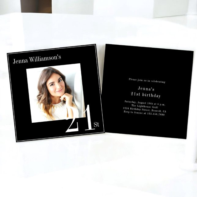 Invitation Photo moderne minimum noir & blanc 21e anniversair (modern simple minimalistic 21st birthday invitation , fully editable and downloadable)