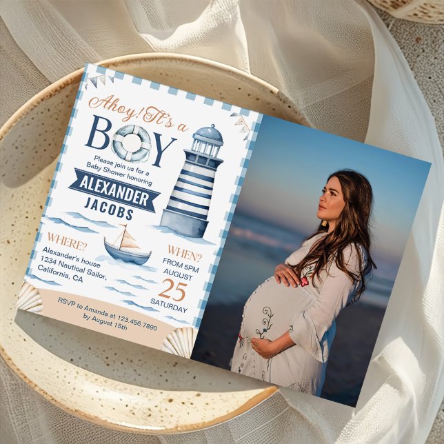 Invitation Photo moderne Nautical Blue Baby Boy Shoy Photo (Créateur téléchargé)