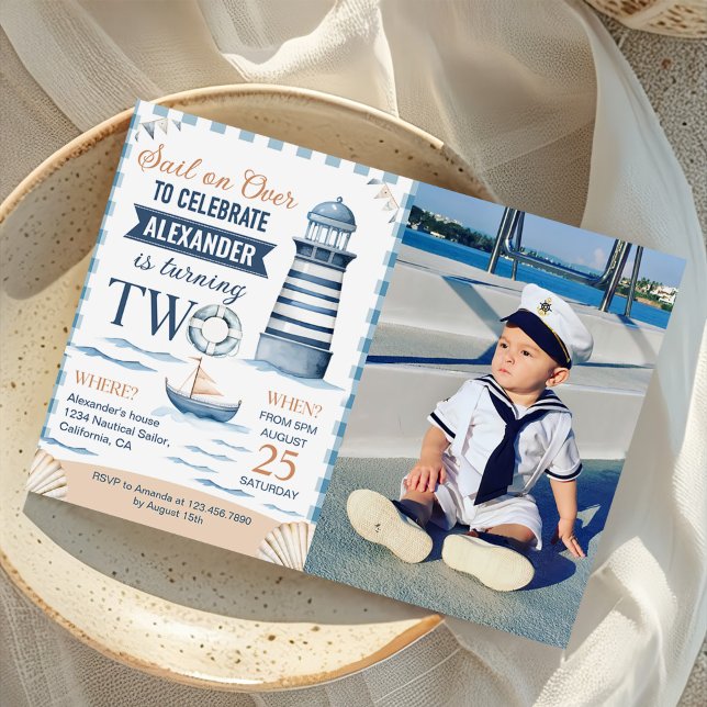 Invitation Photo moderne Nautical Blue Boy 2e anniversaire (Créateur téléchargé)