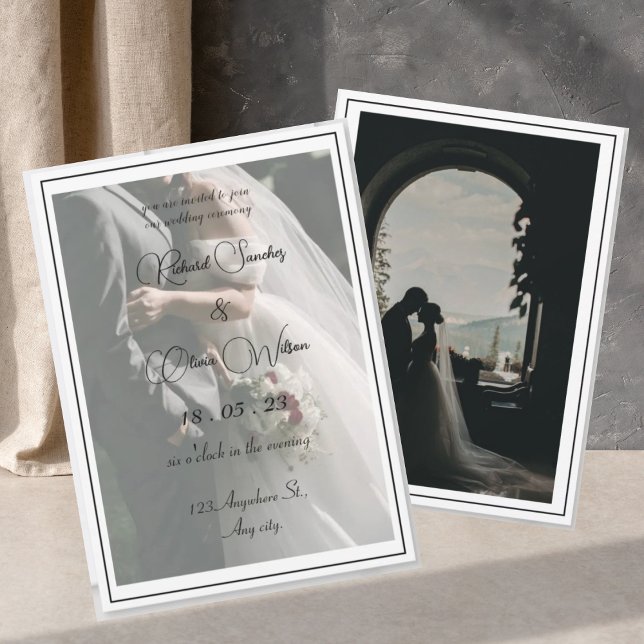Invitation Photo moderne noir et blanc Script (classy simple photo black and white invitation)