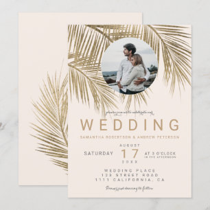 Invitation Photo moderne palmier or rousse rose mariage