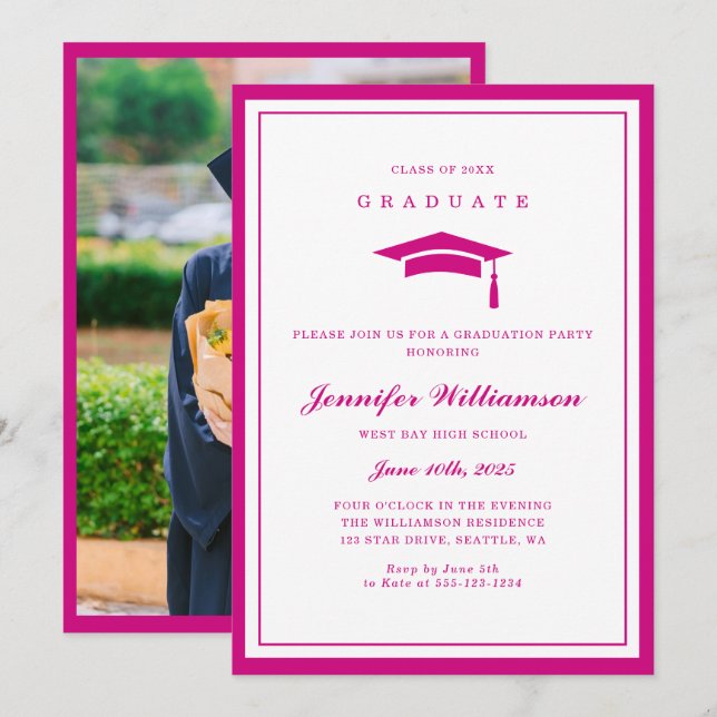 Invitation Photo Moderne Pink & White Script Graduation (Devant / Derrière)