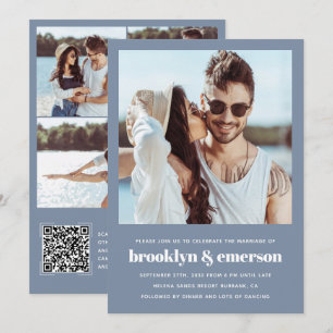 Invitation Photo moderne QR Code Dusty Mariage bleu