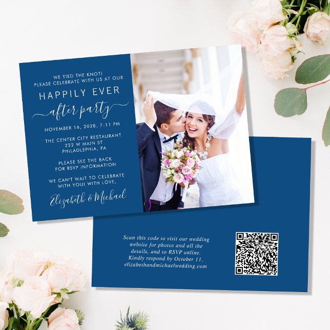 Invitation Photo moderne QR Code Réception de mariage bleu (Créateur téléchargé)