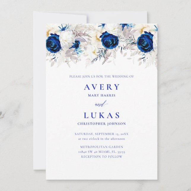 Invitation Photo moderne Royal Blue & White Floral Mariage (Devant)