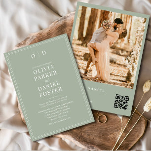Invitation Photo moderne Sage Vert Photo QR Code Mariage