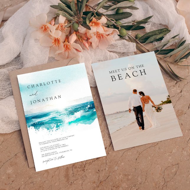 Invitation Photo moderne Watercolor Beach Wedding (Créateur téléchargé)