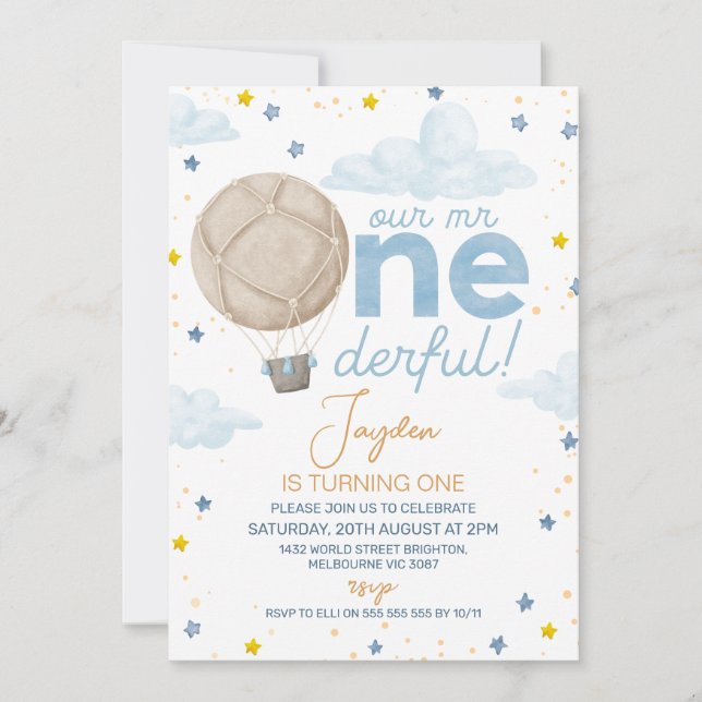 Invitation Photo Montgolfière Mr Onederful 1er Anniversaire  (Devant)