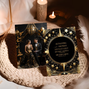 Invitation Photo Mystical Black Gold Celestial Galaxy Mariage