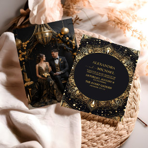 Invitation Photo Mystique Noir Or Étoiles Célestes Mariage