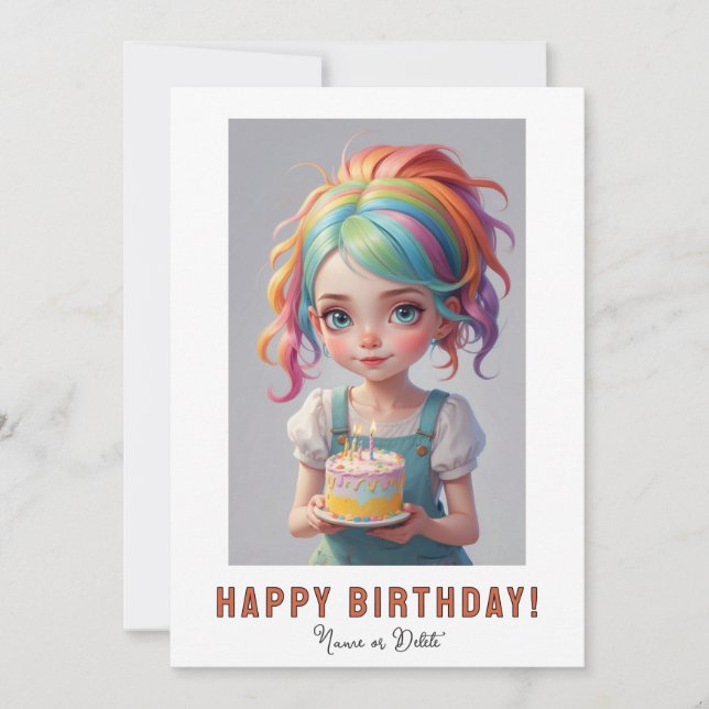 Invitation *PHOTO NAME Birthday Girl Cake Red Blue Hair (Devant)