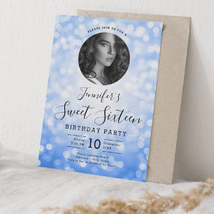 Invitation PHOTO Navy Blue Bokeh Lights Sweet 16 Party